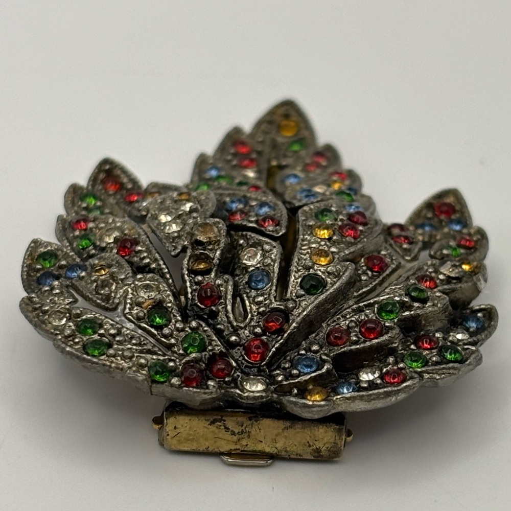 Vtg 1940s Retro Brooch Fur Clip Multi-Colour Rhinestone Leaf Spray - Picture 5 of 14